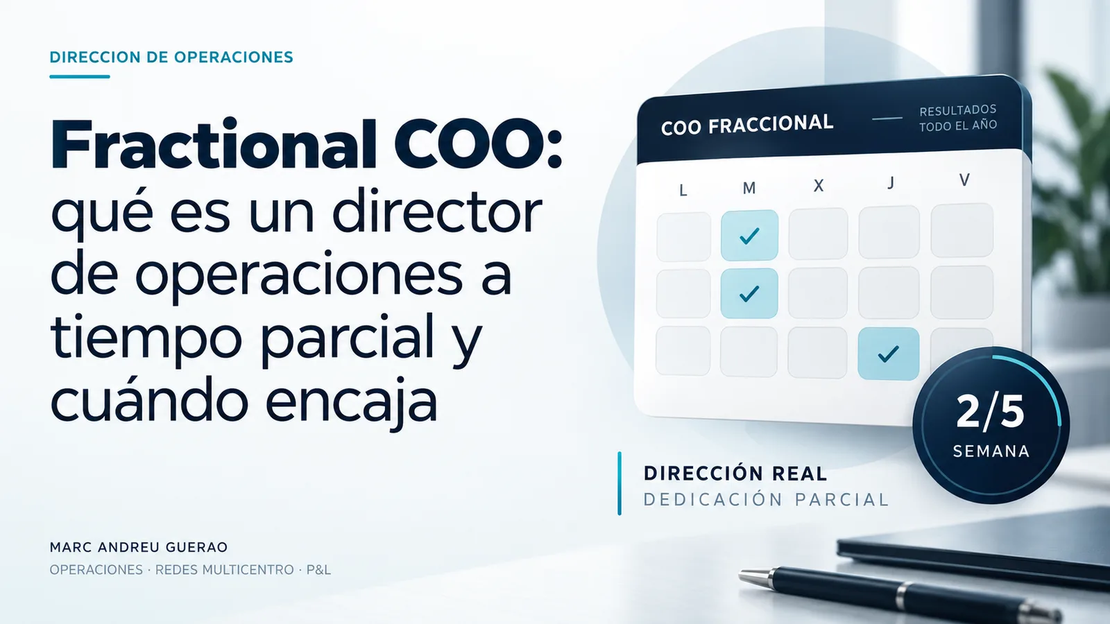 Calendario semanal de un director de operaciones fraccional con dos días marcados de cinco, y un indicador de dedicación de dos quintos de semana con resultados sostenidos todo el año.